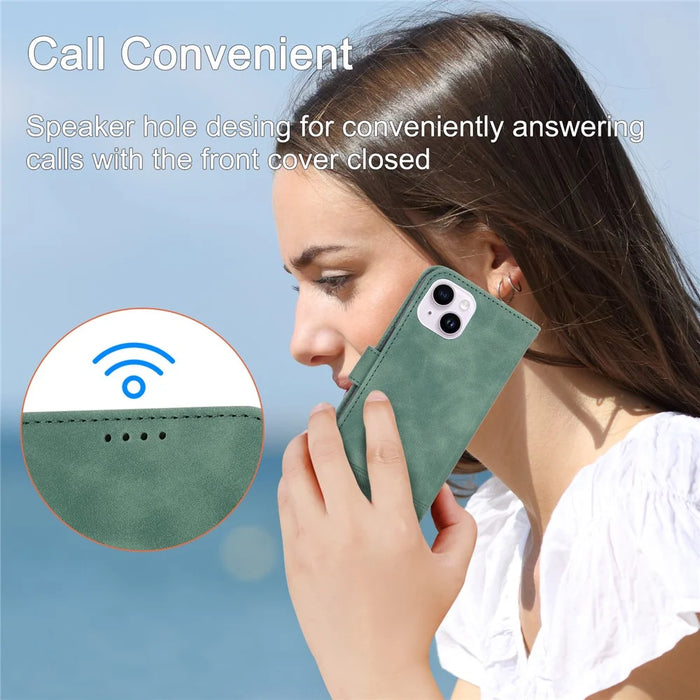 DIERFENG DF-03 Leather Wallet Phone Cover for iPhone 15 Plus , Lines Imprinted Stand Case - Green - 6