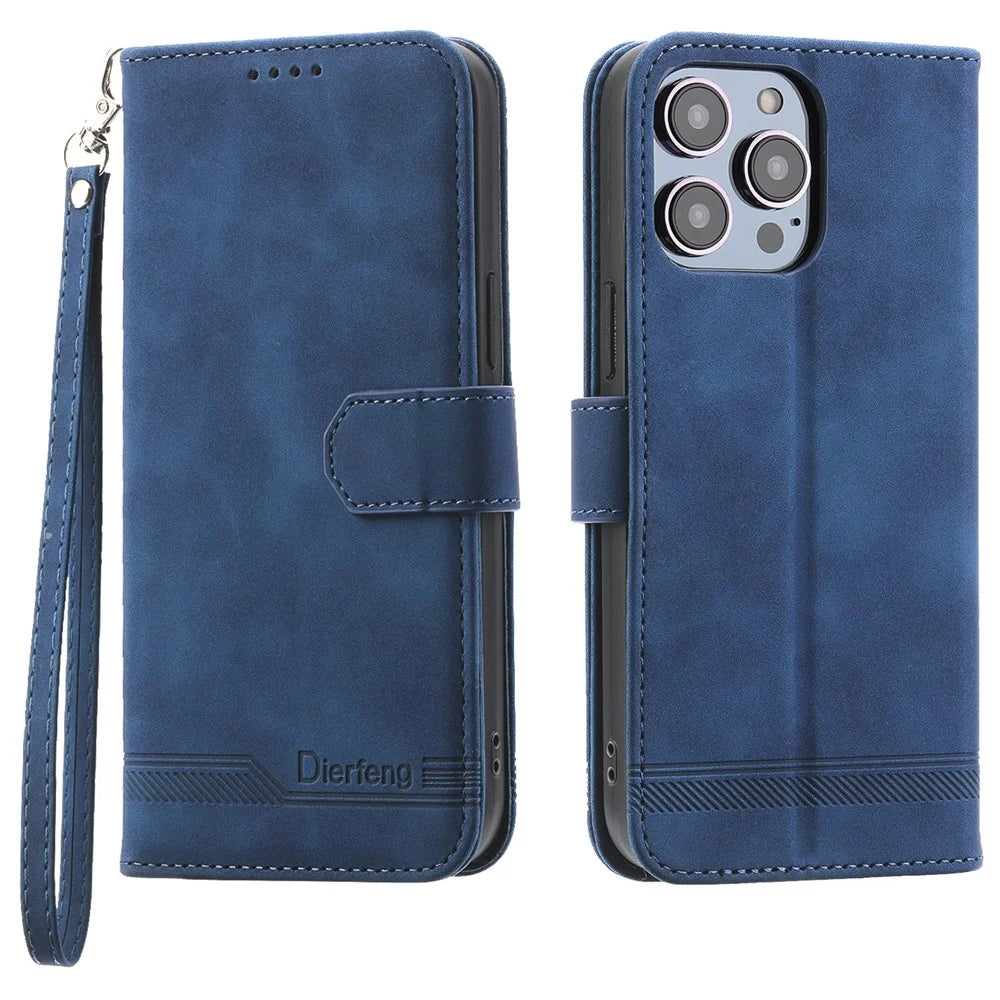 DIERFENG DF-03 Leather Case for iPhone 15 Pro Max , Lines Imprinted Phone Cover with Stand Wallet - Blue - 1
