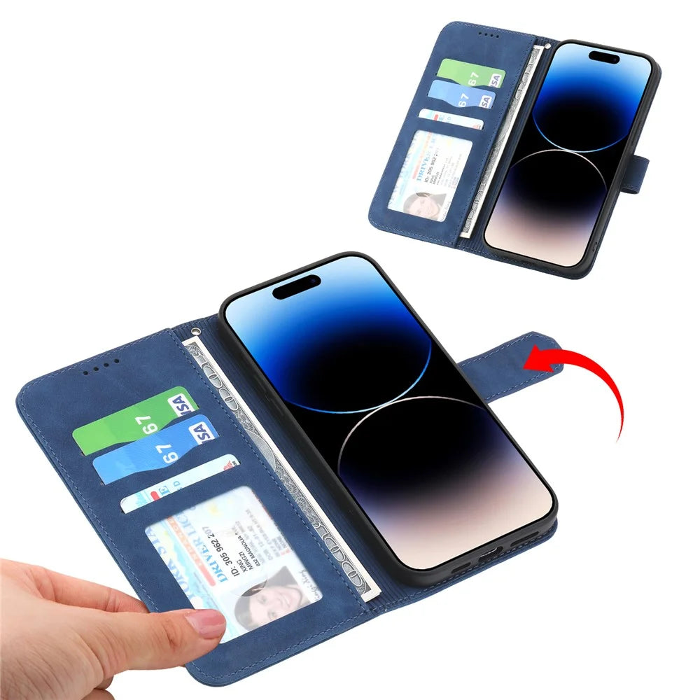 DIERFENG DF-03 Leather Case for iPhone 15 Pro Max , Lines Imprinted Phone Cover with Stand Wallet - Blue - 2