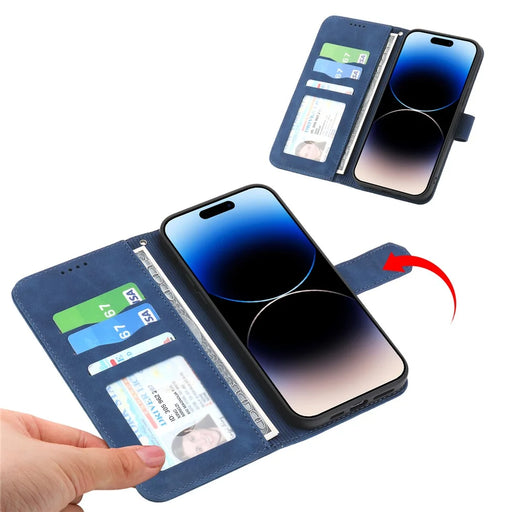 DIERFENG DF-03 Leather Case for iPhone 15 Pro Max , Lines Imprinted Phone Cover with Stand Wallet - Blue - 2