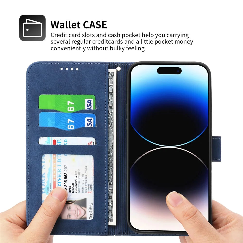 DIERFENG DF-03 Leather Case for iPhone 15 Pro Max , Lines Imprinted Phone Cover with Stand Wallet - Blue - 4