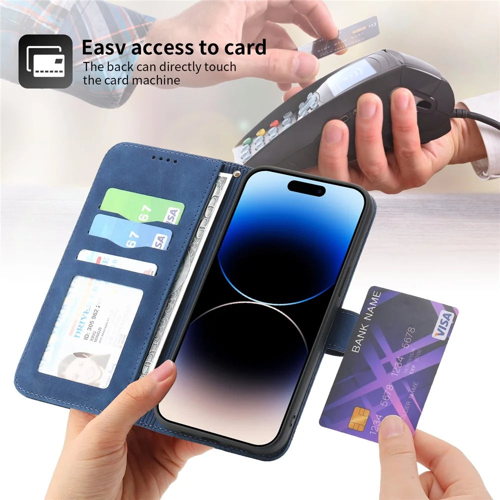 DIERFENG DF-03 Leather Case for iPhone 15 Pro Max , Lines Imprinted Phone Cover with Stand Wallet - Blue - 6