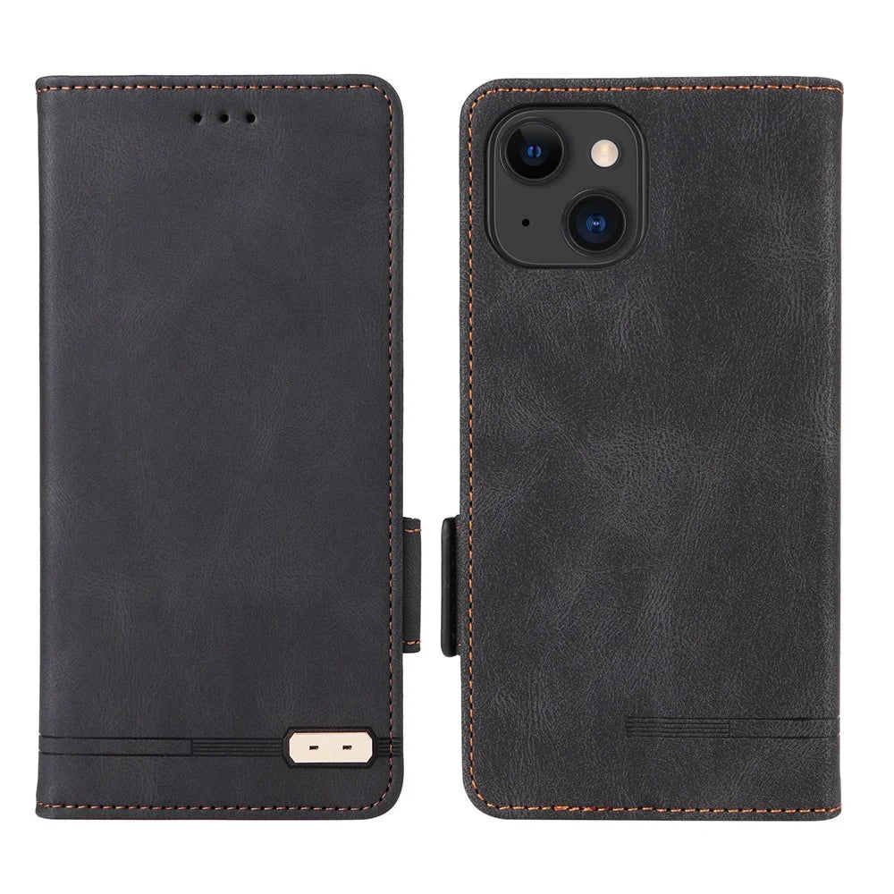 For iPhone 15 Mobile Phone Case Hardware Decor PU Leather Wallet Stand Phone Cover - Black - 1