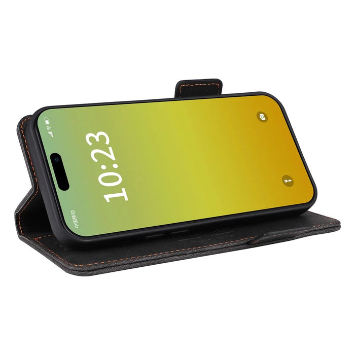 For iPhone 15 Mobile Phone Case Hardware Decor PU Leather Wallet Stand Phone Cover - Black - 3
