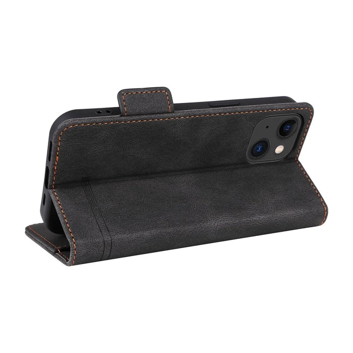 For iPhone 15 Mobile Phone Case Hardware Decor PU Leather Wallet Stand Phone Cover - Black - 4