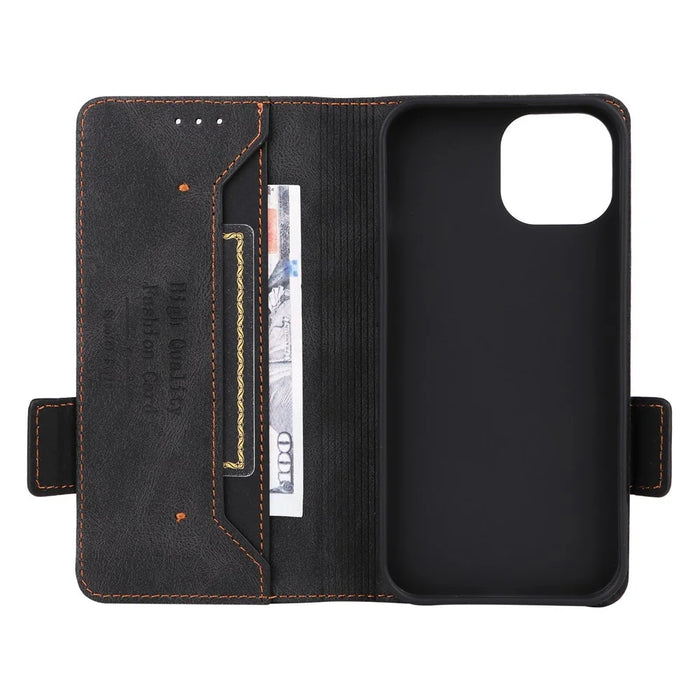 For iPhone 15 Mobile Phone Case Hardware Decor PU Leather Wallet Stand Phone Cover - Black - 5