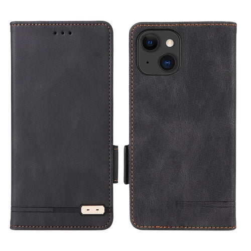 For iPhone 15 Plus Anti-Scratch Cover Hardware Decor Phone Case PU Leather Wallet Stand Shell - Black - 1