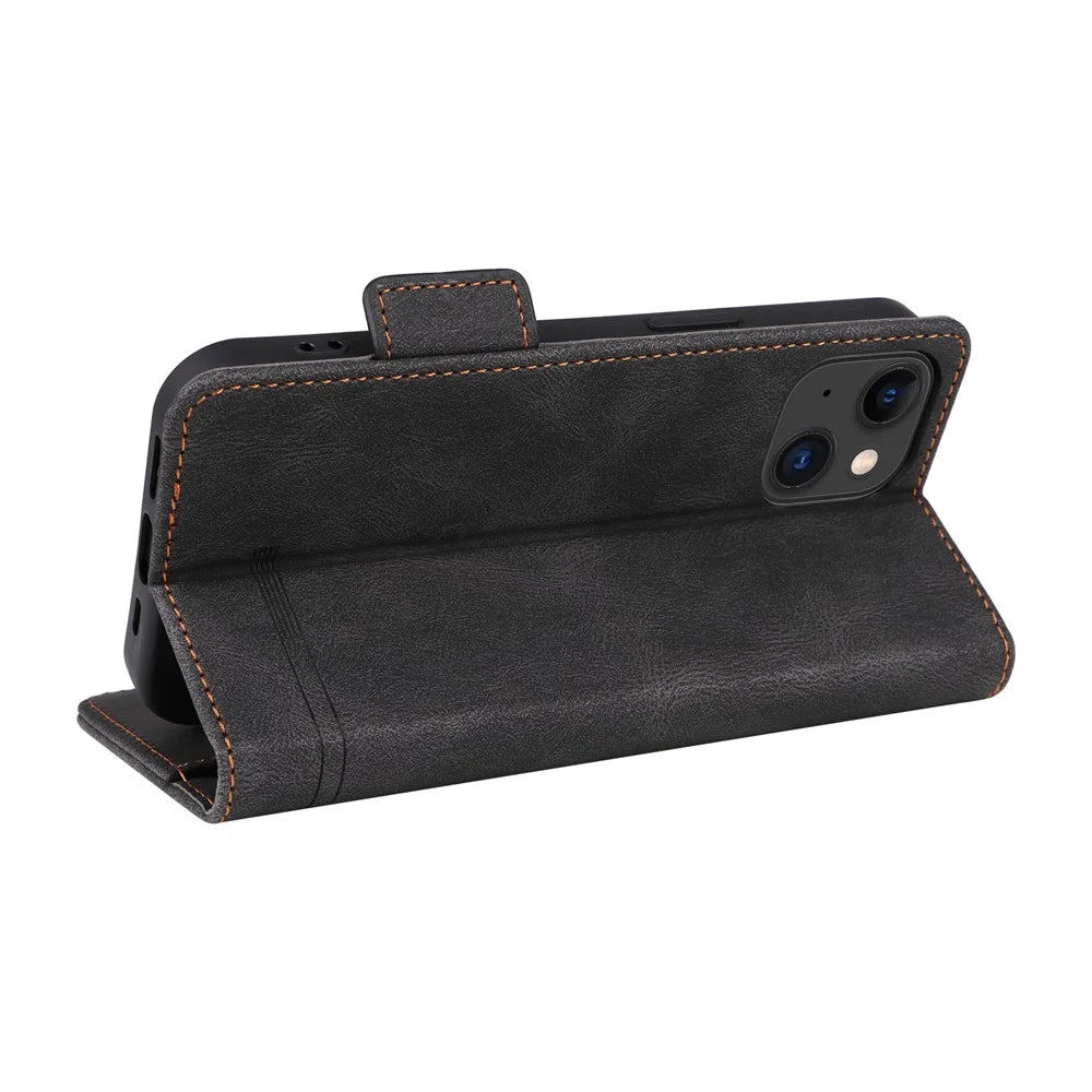 For iPhone 15 Plus Anti-Scratch Cover Hardware Decor Phone Case PU Leather Wallet Stand Shell - Black - 4
