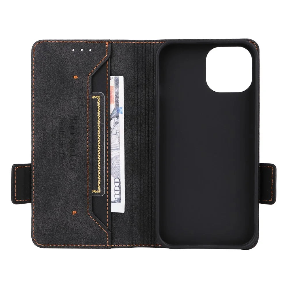 For iPhone 15 Plus Anti-Scratch Cover Hardware Decor Phone Case PU Leather Wallet Stand Shell - Black - 5