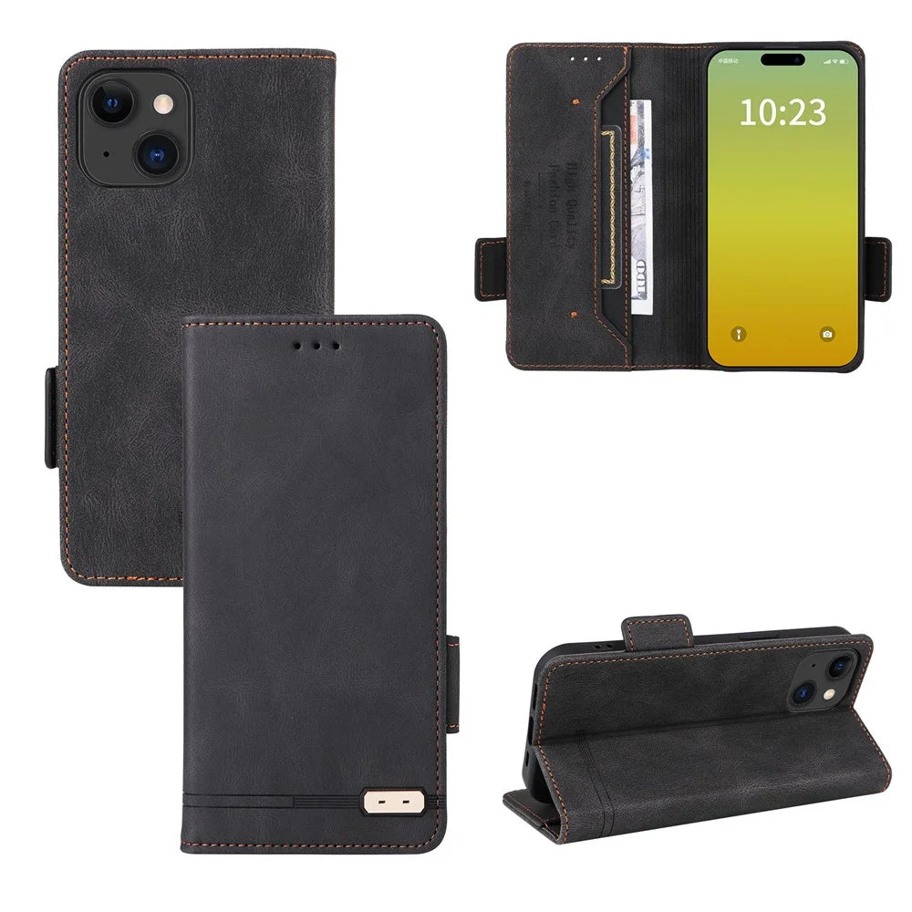 For iPhone 15 Plus Anti-Scratch Cover Hardware Decor Phone Case PU Leather Wallet Stand Shell - Black - 6