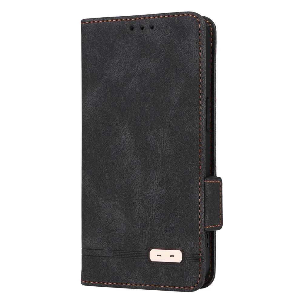 For iPhone 15 Plus Anti-Scratch Cover Hardware Decor Phone Case PU Leather Wallet Stand Shell - Black - 7