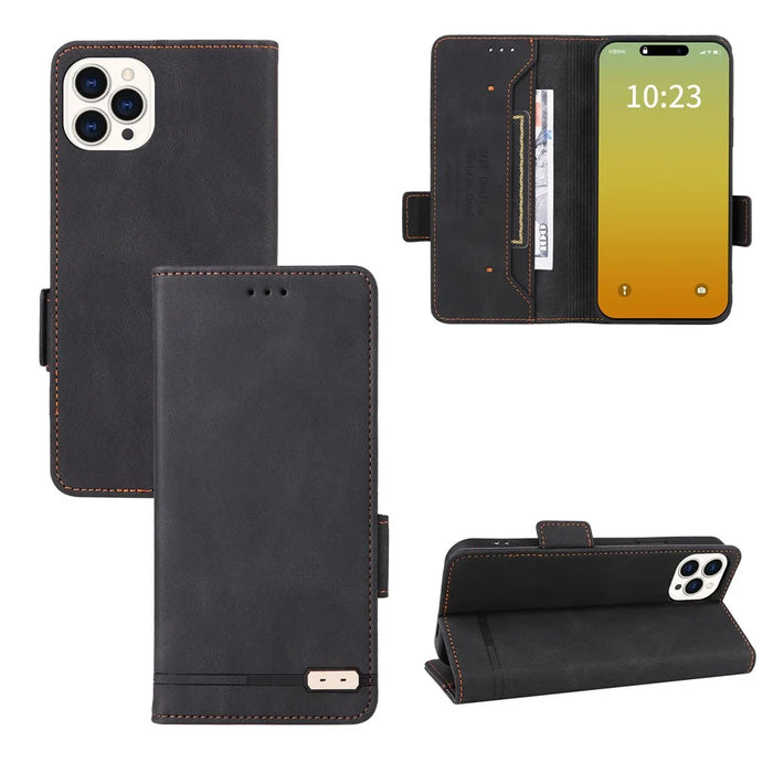 For iPhone 15 Pro Hardware Decor Phone Case PU Leather Wallet Stand Cover - Black - 6