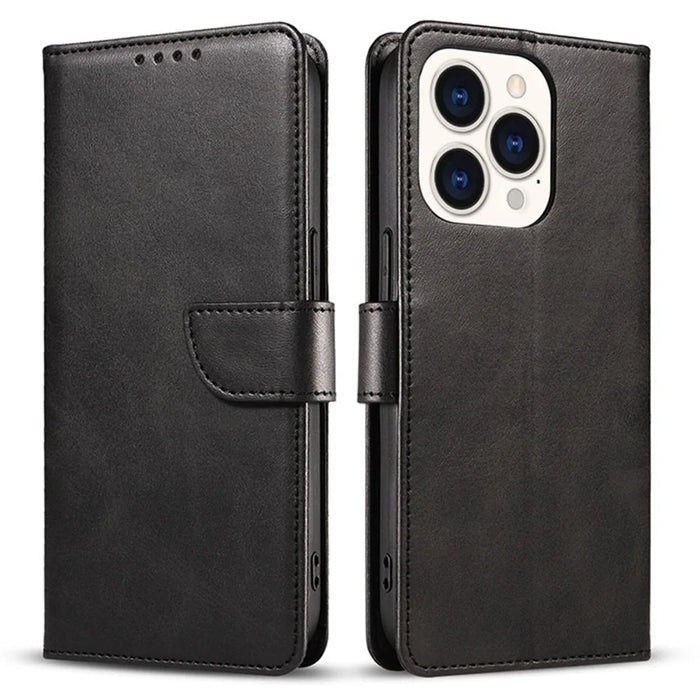 For iPhone 15 Pro Max Calf Texture Stand Shell Cell Phone Case Wallet PU Leather+TPU Phone Cover - Black - 1