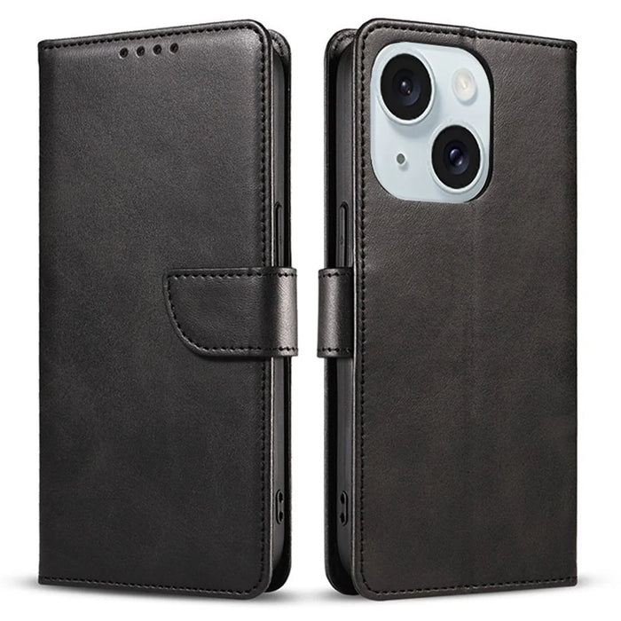 For iPhone 15 Shockproof Phone Shell Calf Texture Stand Case PU Leather+TPU Phone Cover Wallet - Black - 1