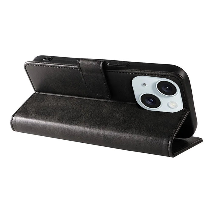 For iPhone 15 Shockproof Phone Shell Calf Texture Stand Case PU Leather+TPU Phone Cover Wallet - Black - 4