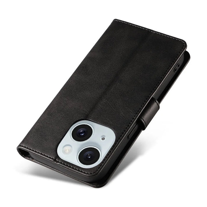For iPhone 15 Shockproof Phone Shell Calf Texture Stand Case PU Leather+TPU Phone Cover Wallet - Black - 6