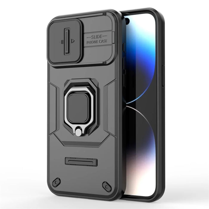 For iPhone 15 Pro Max Slide Camera Protection Phone Case PC+TPU Kickstand Protective Cover - Black - 6