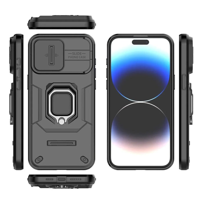 For iPhone 15 Pro Max Slide Camera Protection Phone Case PC+TPU Kickstand Protective Cover - Black - 7