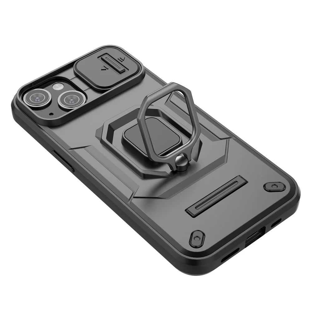 For iPhone 15 Plus Phone Case Drop Protection PC+TPU Kickstand Cover with Slide Camera Lid- Black - 5