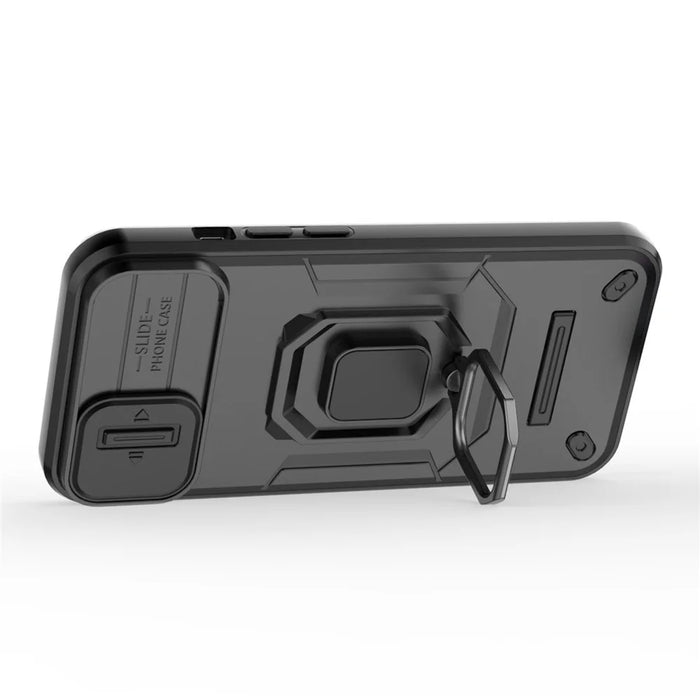 For iPhone 15 PC+TPU Impact-Resistant Phone Case Slide Lens Protection Kickstand Cover - Black - 4