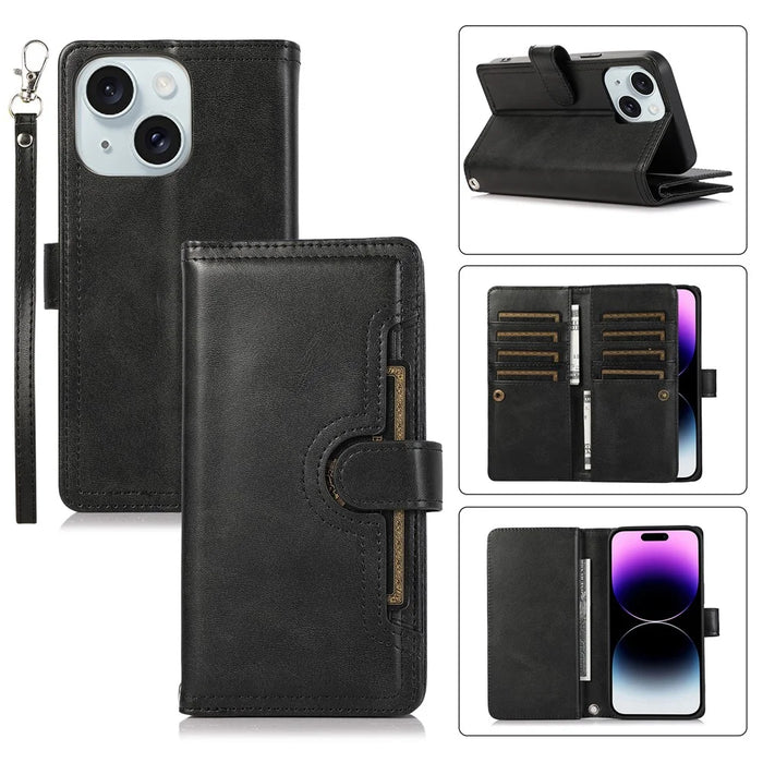 For iPhone 15 Plus Split Leather Folio Case Stand Multiple Card Slots Wallet Phone Cover with Strap - Black - 1