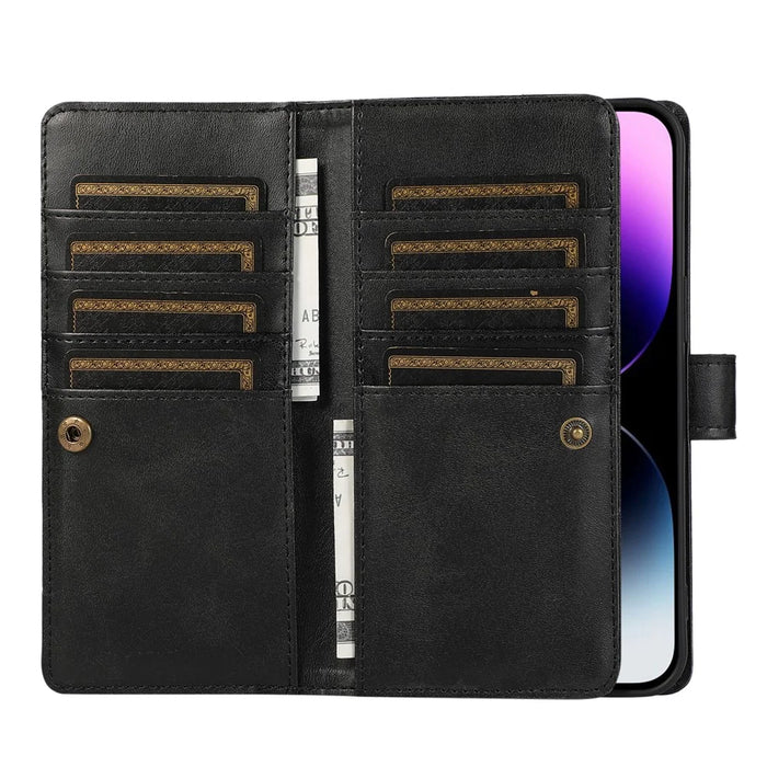 For iPhone 15 Plus Split Leather Folio Case Stand Multiple Card Slots Wallet Phone Cover with Strap - Black - 3