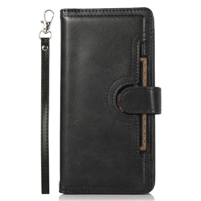 For iPhone 15 Plus Split Leather Folio Case Stand Multiple Card Slots Wallet Phone Cover with Strap - Black - 6