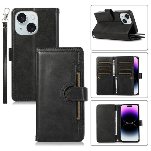 For iPhone 15 Split Leather Wallet Phone Case Stand Multiple Card Slots Wrist Strap Magnetic Closure Cover - Black - 1