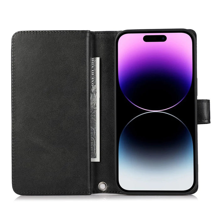 For iPhone 15 Split Leather Wallet Phone Case Stand Multiple Card Slots Wrist Strap Magnetic Closure Cover - Black - 2