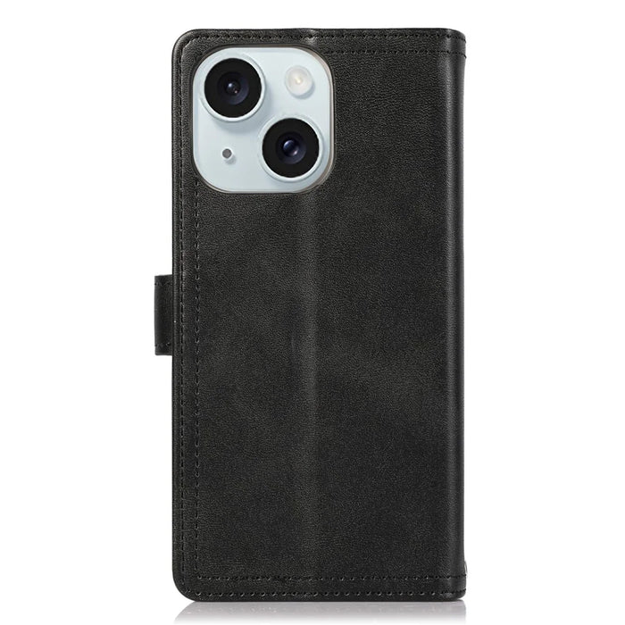 For iPhone 15 Split Leather Wallet Phone Case Stand Multiple Card Slots Wrist Strap Magnetic Closure Cover - Black - 7