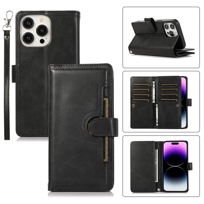 For iPhone 15 Pro Split Leather Stand Cover Multiple Card Slots Wallet  Phone Case with Strap - Black - 1