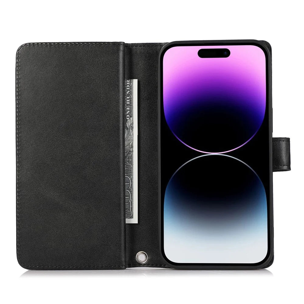 For iPhone 15 Pro Max Split Leather Phone Case Multiple Card Slots Wallet Stand Flip Cover with Strap - Black - 2