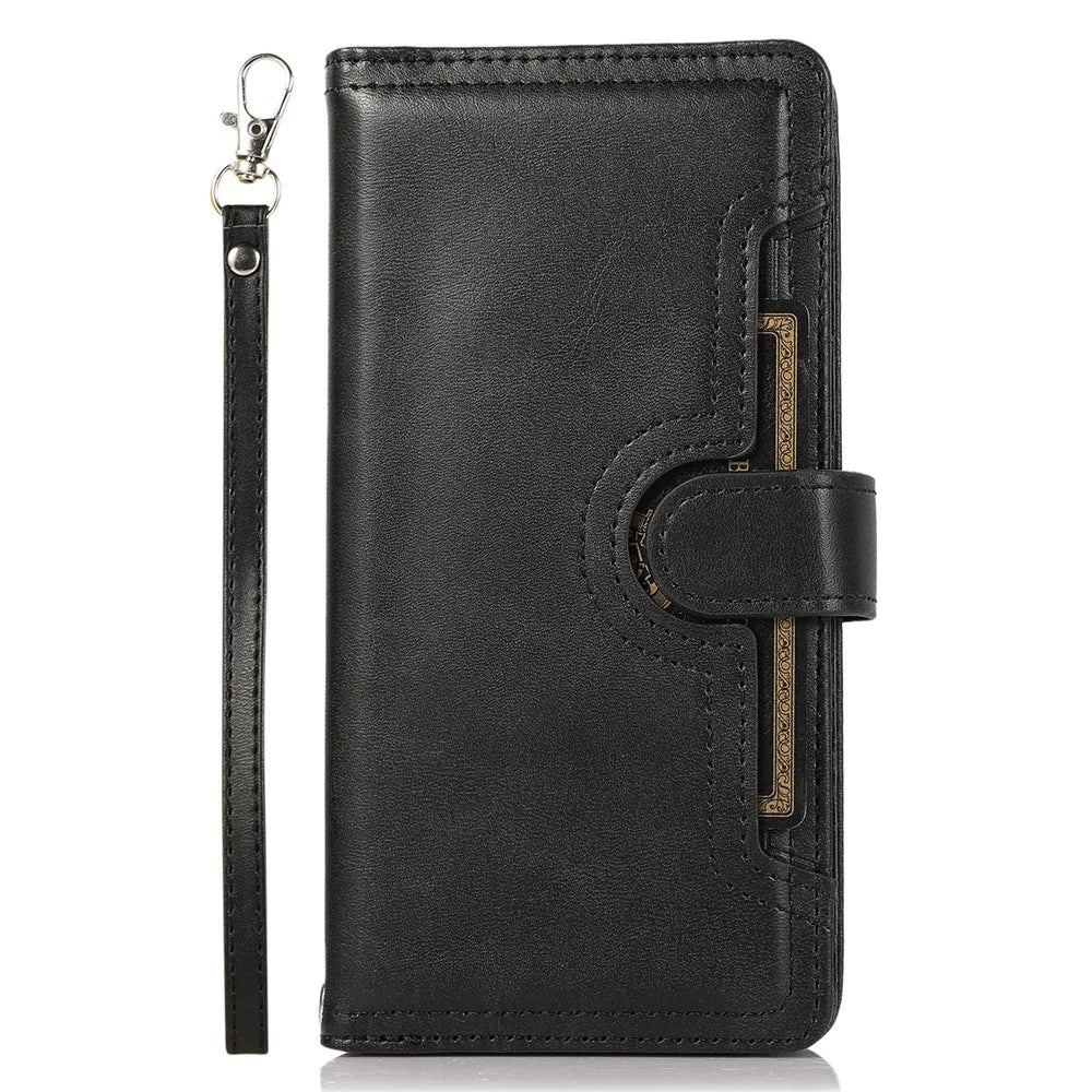 For iPhone 15 Pro Max Split Leather Phone Case Multiple Card Slots Wallet Stand Flip Cover with Strap - Black - 6