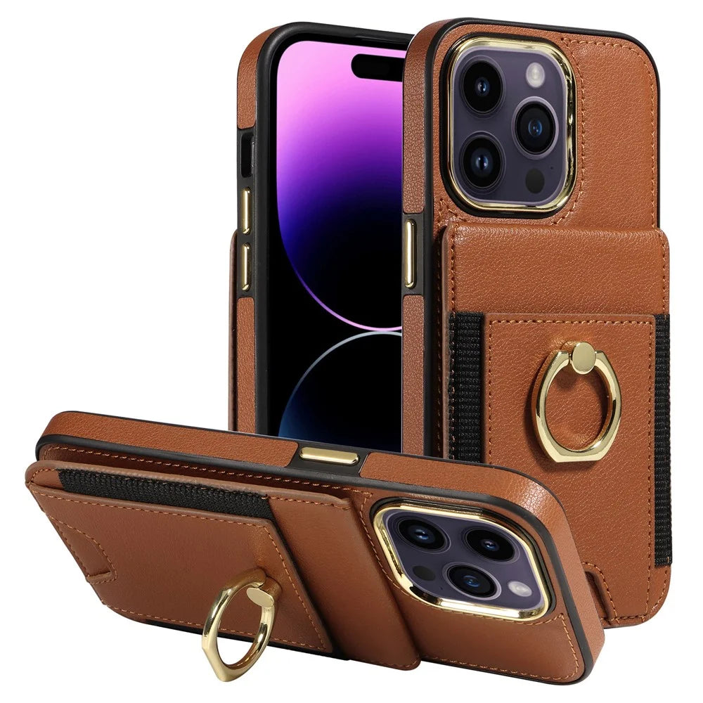 For iPhone 15 PU Leather+TPU Phone Case Card Slots RFID Blocking Kickstand Cover - Brown - 1