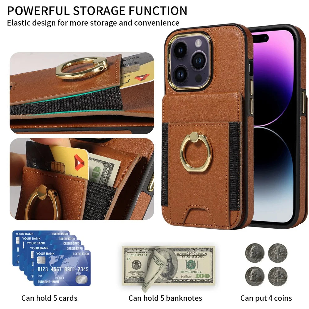 For iPhone 15 PU Leather+TPU Phone Case Card Slots RFID Blocking Kickstand Cover - Brown - 2