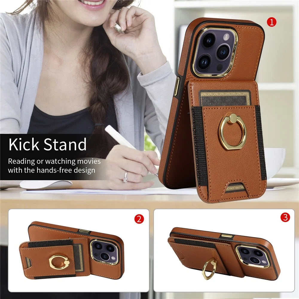 For iPhone 15 PU Leather+TPU Phone Case Card Slots RFID Blocking Kickstand Cover - Brown - 3