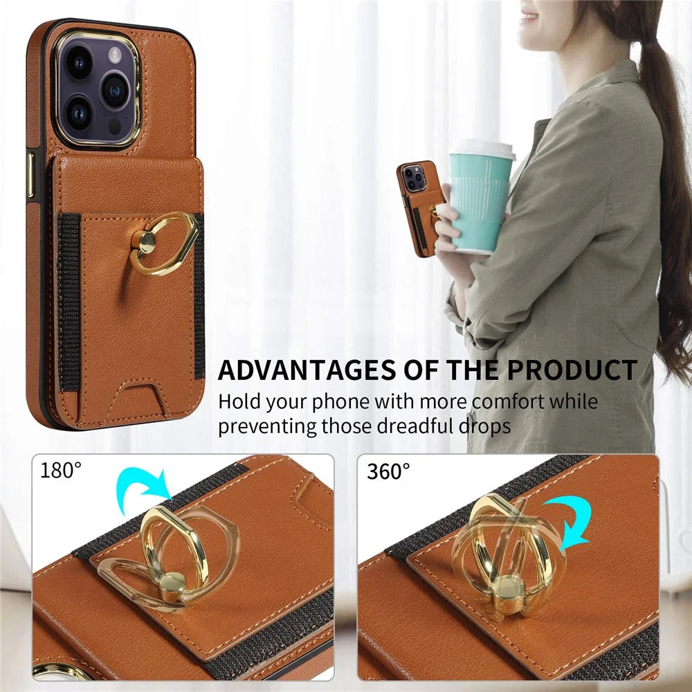 For iPhone 15 PU Leather+TPU Phone Case Card Slots RFID Blocking Kickstand Cover - Brown - 4