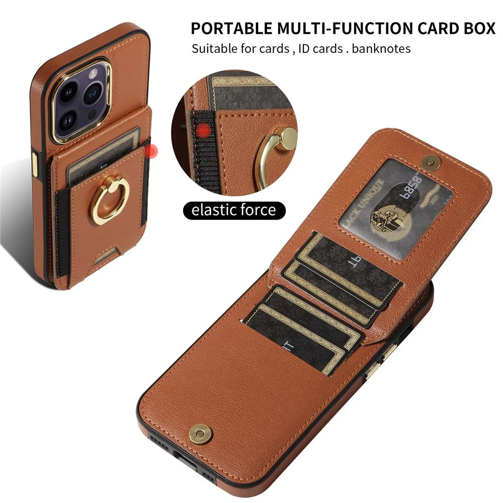 For iPhone 15 PU Leather+TPU Phone Case Card Slots RFID Blocking Kickstand Cover - Brown - 5