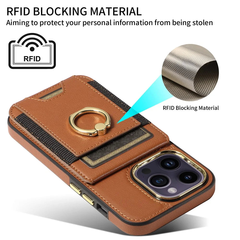 For iPhone 15 PU Leather+TPU Phone Case Card Slots RFID Blocking Kickstand Cover - Brown - 6