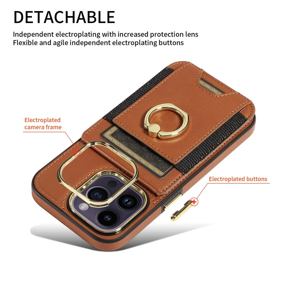 For iPhone 15 PU Leather+TPU Phone Case Card Slots RFID Blocking Kickstand Cover - Brown - 7