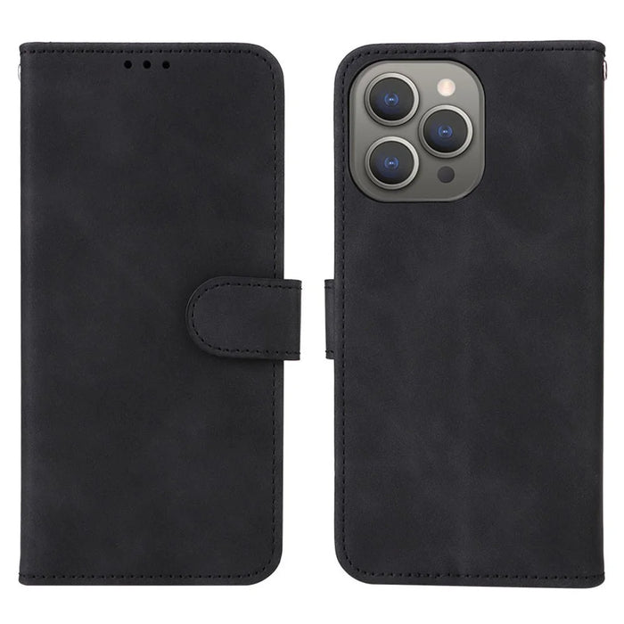 For iPhone 15 Pro Max Skin-touch Phone Leather Case Stand Wallet Protective Phone Cover - Black - 1