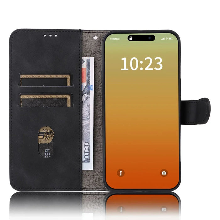 For iPhone 15 Pro Max Skin-touch Phone Leather Case Stand Wallet Protective Phone Cover - Black - 2