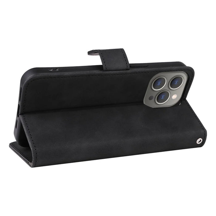 For iPhone 15 Pro Max Skin-touch Phone Leather Case Stand Wallet Protective Phone Cover - Black - 4