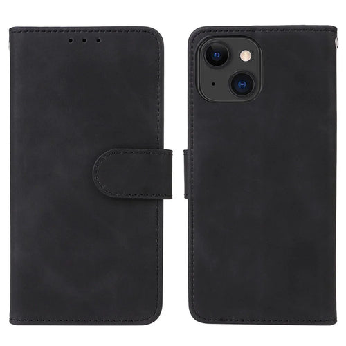 Skin-touch PU Leather Phone Cover for iPhone 15 , Stand Phone Wallet Case - Black - 1