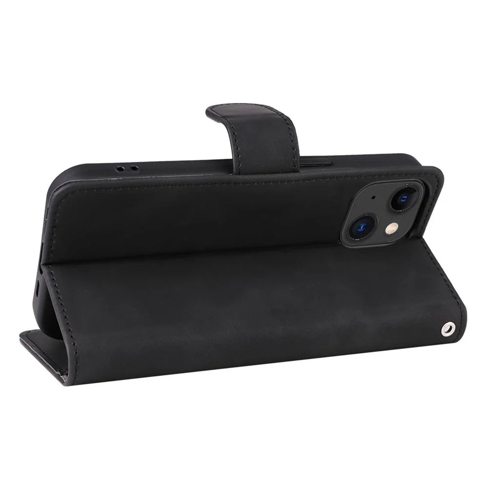 Skin-touch PU Leather Phone Cover for iPhone 15 , Stand Phone Wallet Case - Black - 4
