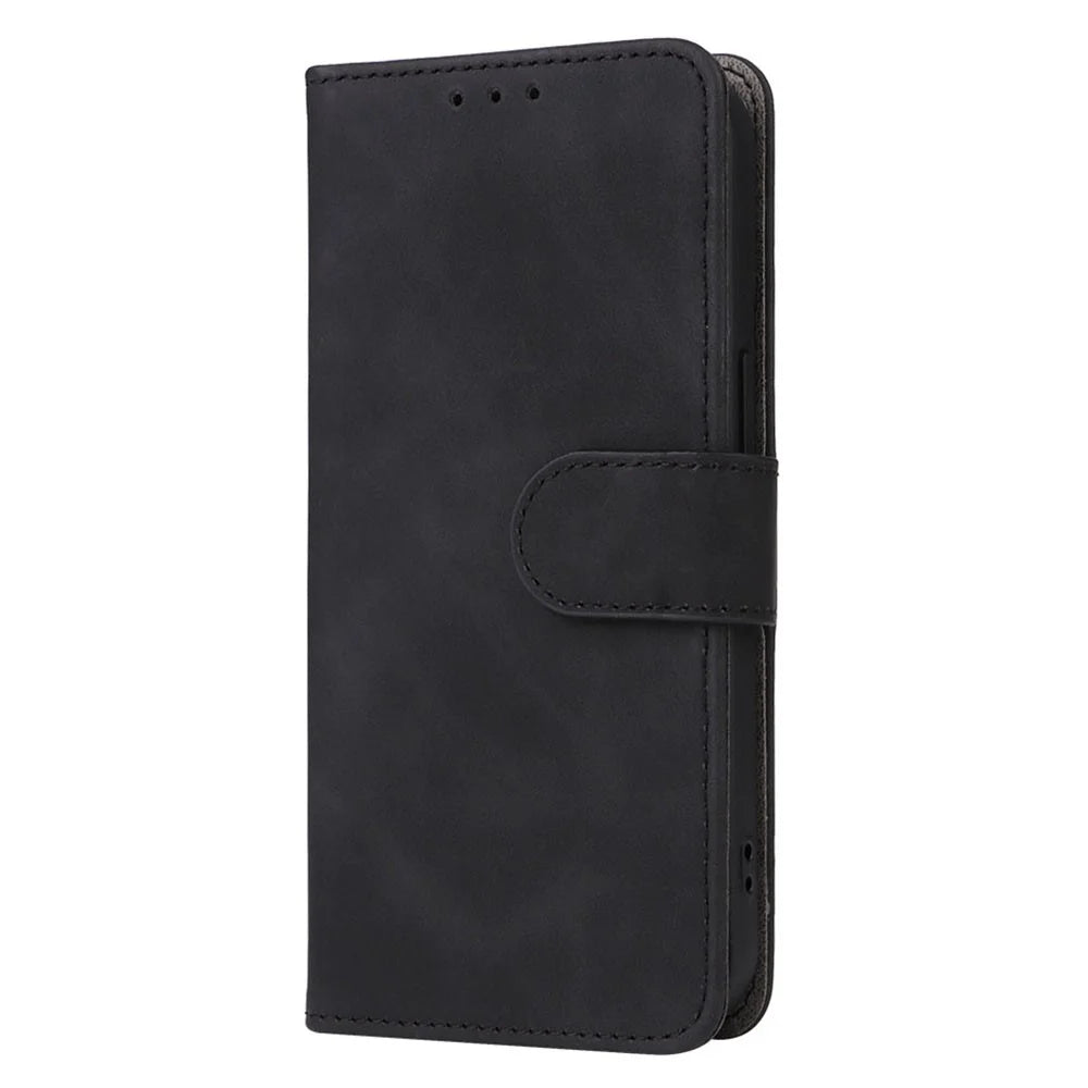 Skin-touch PU Leather Phone Cover for iPhone 15 , Stand Phone Wallet Case - Black - 6