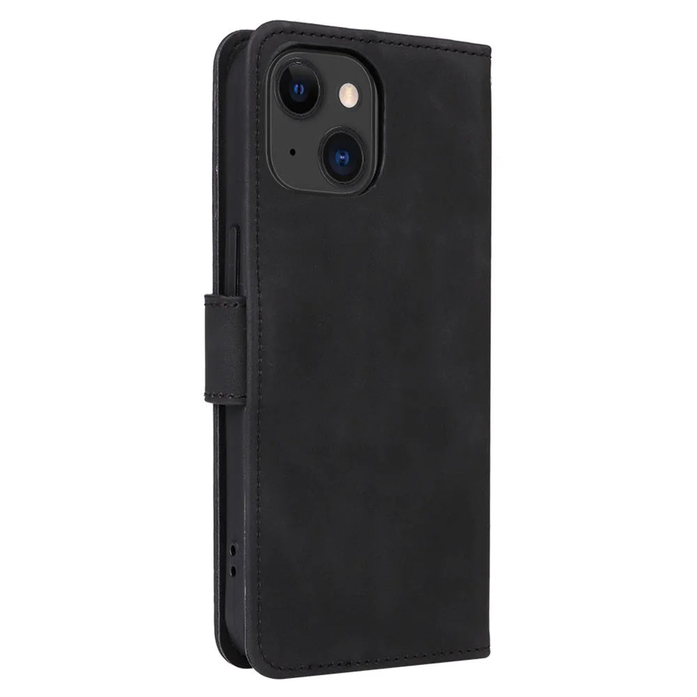 Skin-touch PU Leather Phone Cover for iPhone 15 , Stand Phone Wallet Case - Black - 7