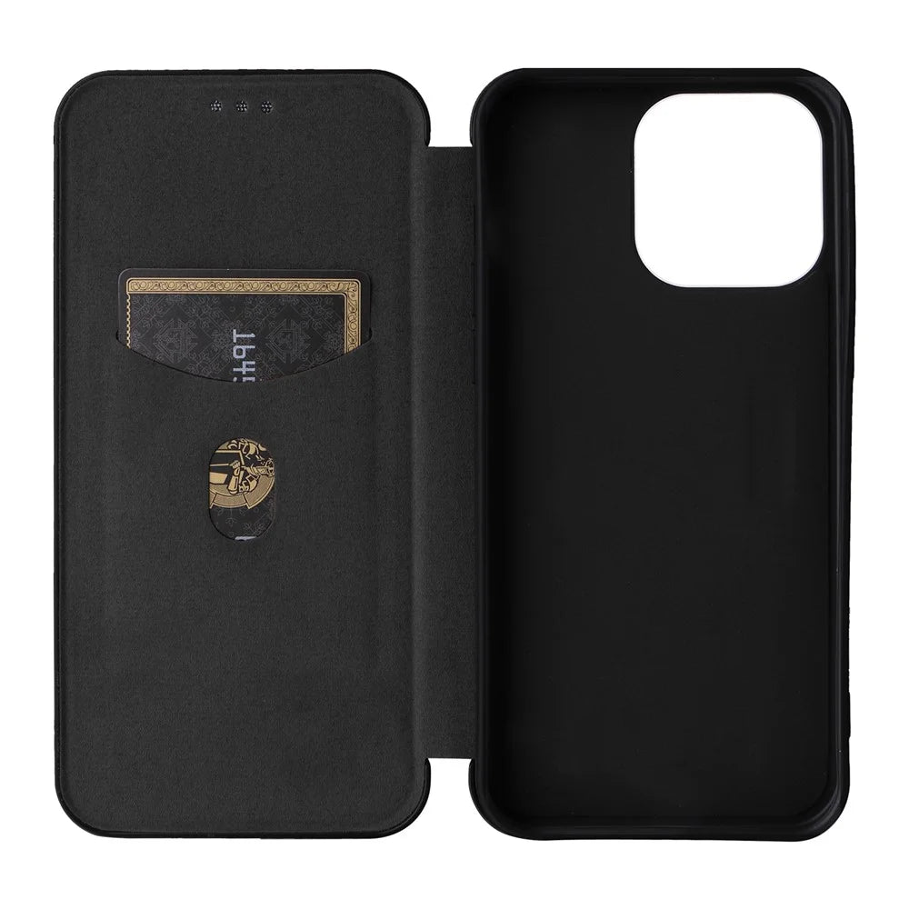 Phone Case with Card Holder for iPhone 15 Pro Max , Carbon Fiber Texture Leather Stand Cover - Black - 6