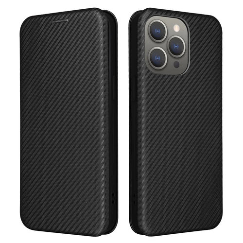 PU Leather Card Holder Phone Case for iPhone 15 Pro , Carbon Fiber Texture Stand Cover - Black - 1