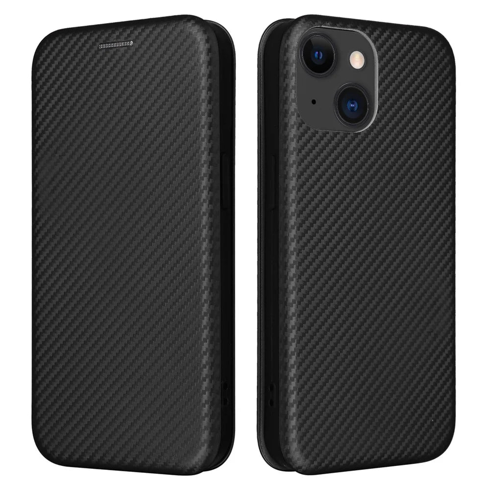 Card Holder Leather Phone Case for iPhone 15 , Carbon Fiber Texture Stand Phone Cover - Black - 1